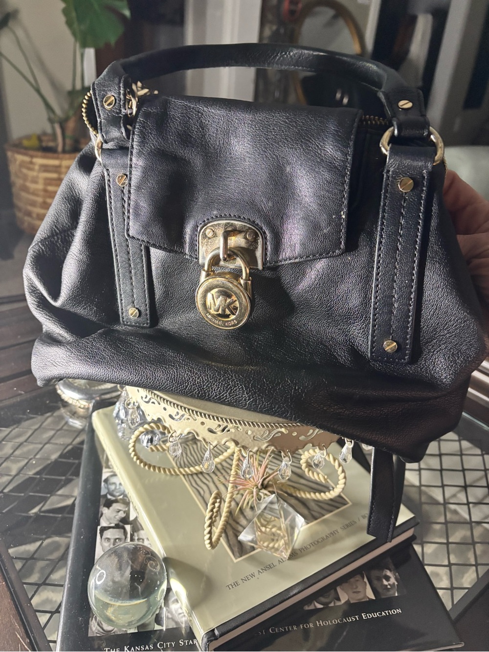 Michael Kors Black Leather Satchel with Gold-Tone Lock